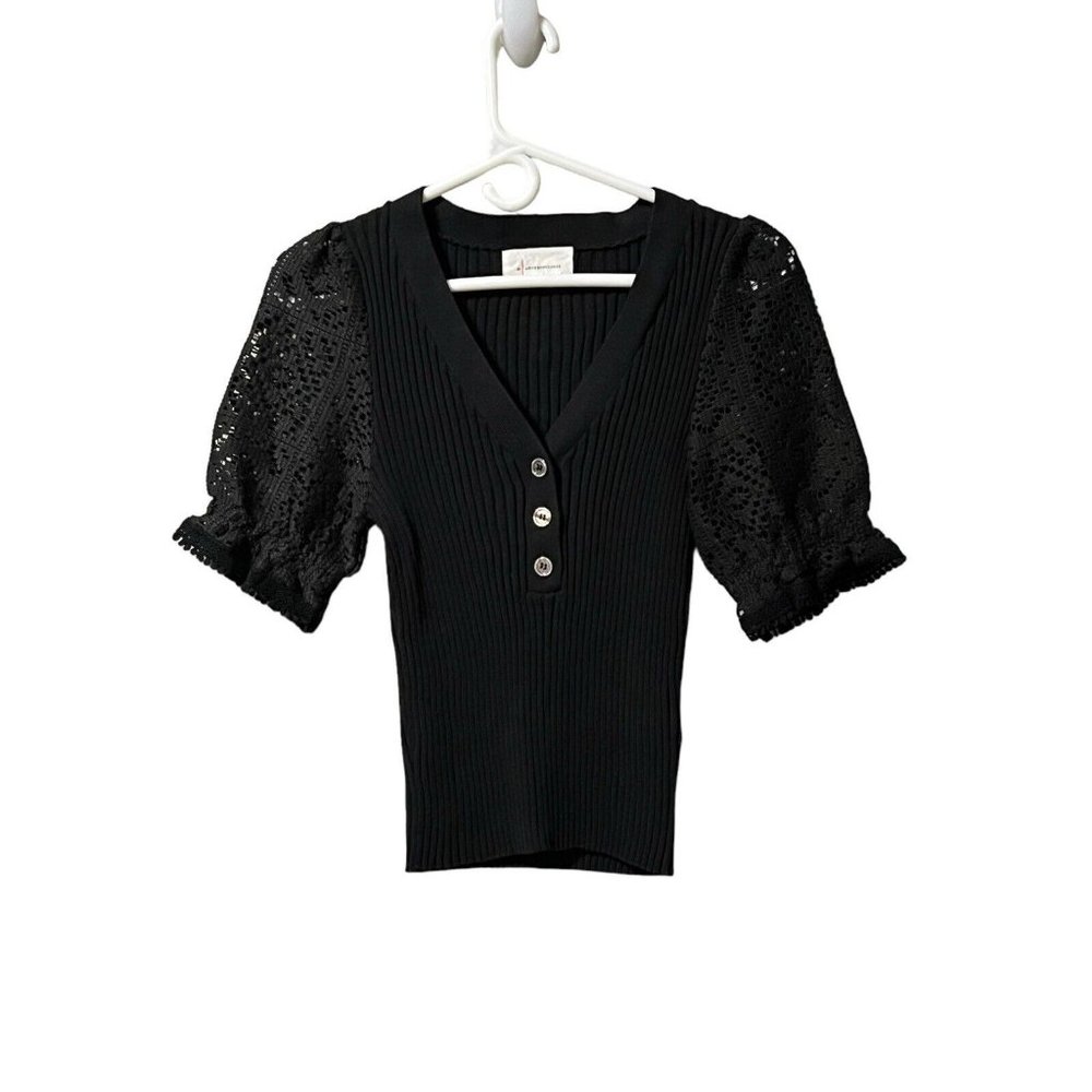 Anthropologie Black Knit‎ Ribbed  Ruffeld Flutter Sleeve Sweater Size XS